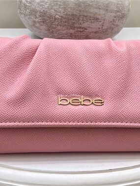 bebe Pink Textured Foldover Clutch with Gold Logo